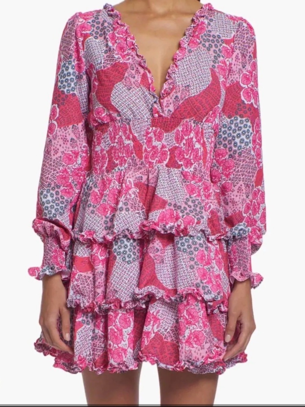 Peixoto Pink Floral Ruffle Tiered Long-Sleeve Mini Dress